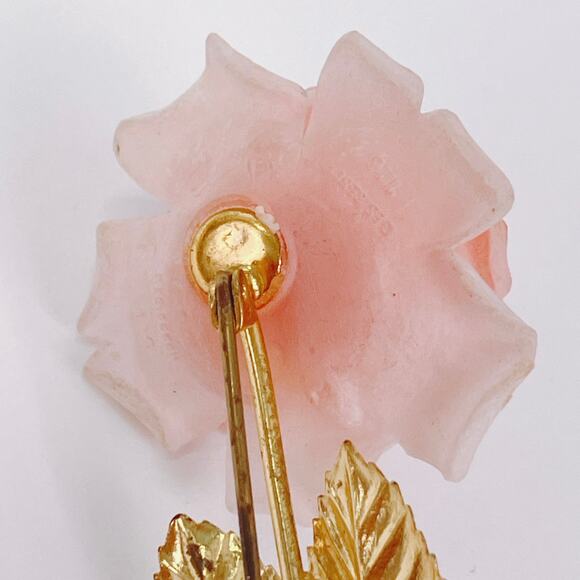 Austria Mid Century Pink Celluloid Rose Brooch Gold Tone Enamel Leaves READ - Picture 13 of 15